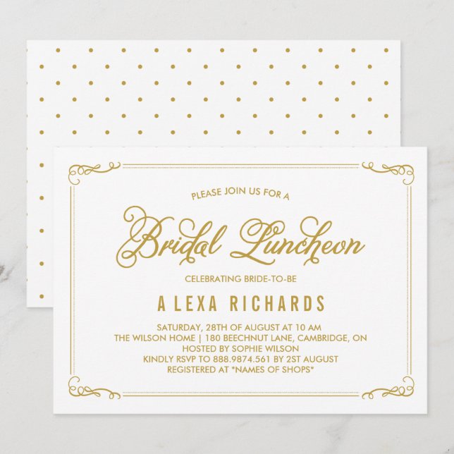 Gold Whimsical Borders Bridal Luncheon Invitation (Front/Back)