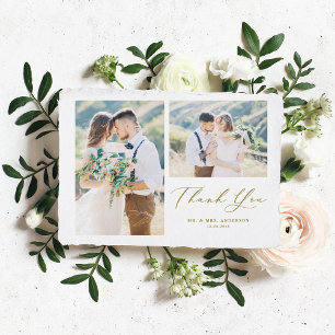 Gold Whimsical Calligraphy Photo Collage Wedding Thank You Card