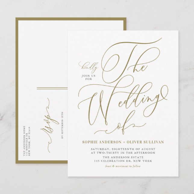 Gold Whimsical Calligraphy Wedding Invitation Postcard (Front/Back)