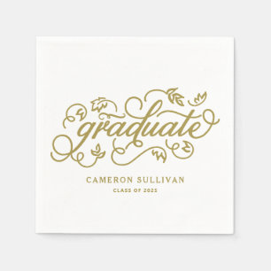 Gold Whimsical Floral Script Graduation Napkin