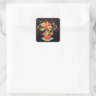Gold Whimsical Teacup Floral Bird Glitter Square Sticker