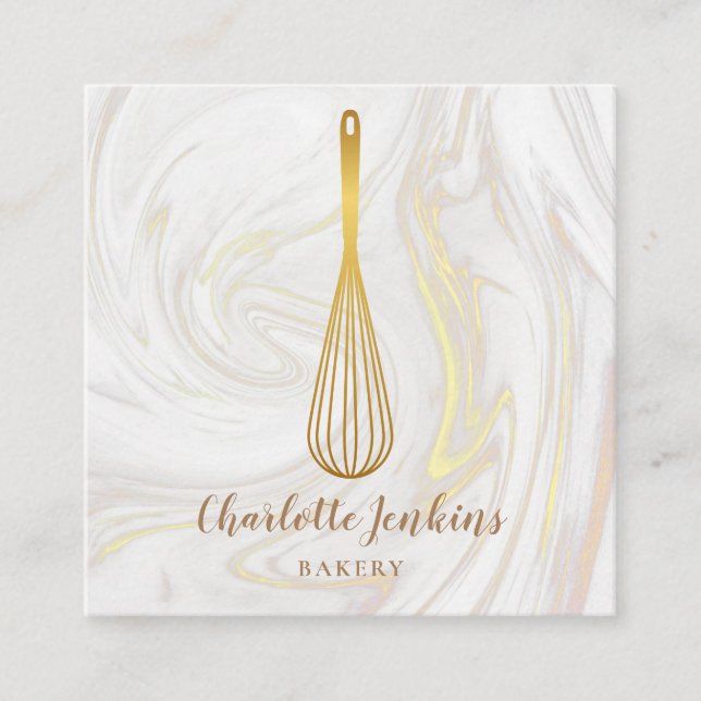 Gold Whisk Bakery Catering Marble Swirls Square Business Card (Front)
