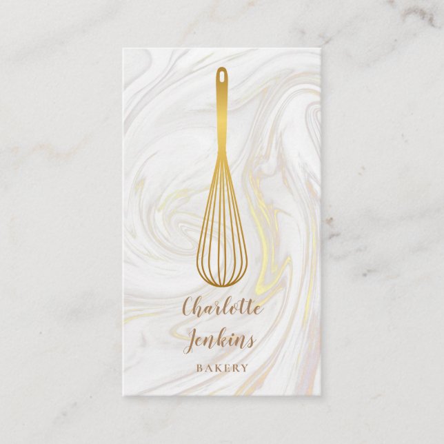 Gold Whisk Bakery Patisserie Marble QR Code Business Card (Front)