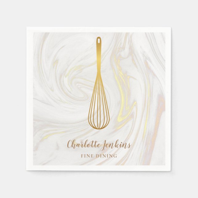 Gold Whisk Bakery Patisserie Marble Swirls Napkin (Front)