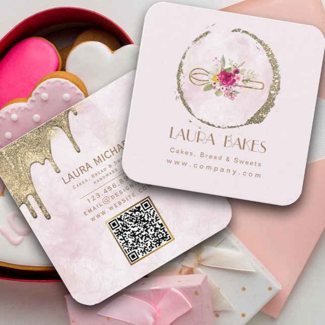 Gold Whisk Blush Watercolor Floral Square Business Card (Gold Whisk Blush Watercolor Floral Square Business Card #cookingutensils #bakers #watercolor)