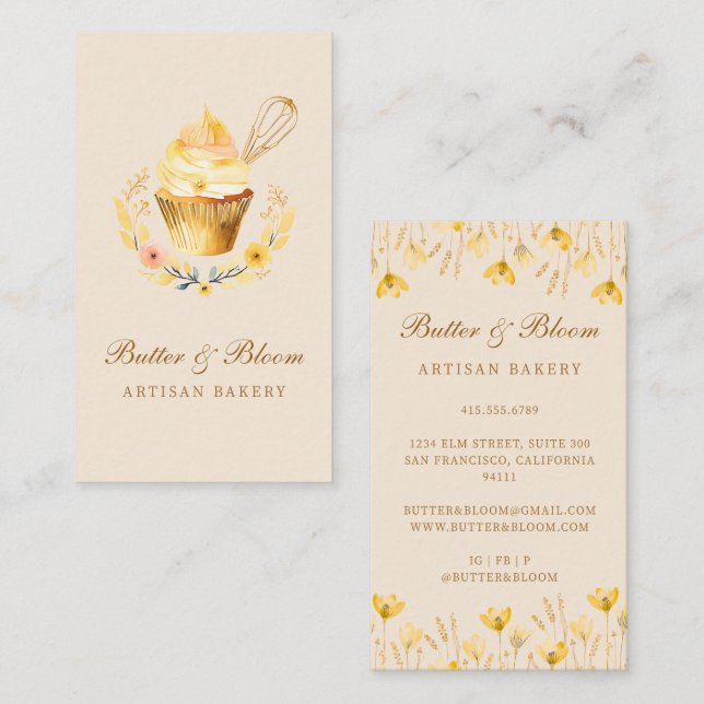 Gold Whisk & Cupcake, Baker Bakery Chef Caterer Business Card (Front/Back)