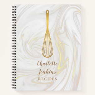 Gold Whisk Marble Swirls Recipe Cookbook Notebook