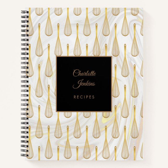 Gold Whisk Pattern Marble Swirls Recipe Notebook (Front)