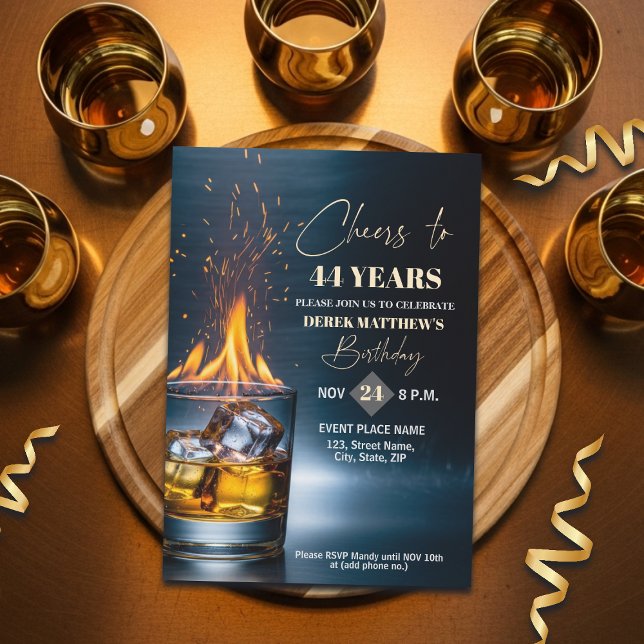 Gold Whiskey Theme Men 44th Birthday Party Invitation (Creator Uploaded)