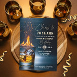 Gold Whiskey Theme Men 70th Birthday Party Invitation<br><div class="desc">A modern design featuring a gold whiskey glass with burning fire,  sparks and ice and elegant calligraphy on a dark blue background. Customize the details for a cool Birthday Celebration.</div>