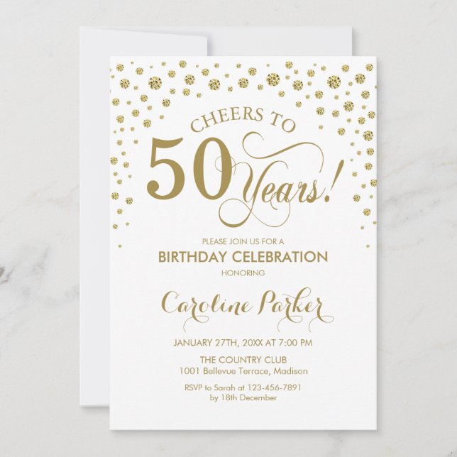 Gold White 50th Birthday Party Invitation (Front)