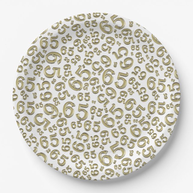  Gold/White 65th Random Number Pattern Paper Plate (Front)