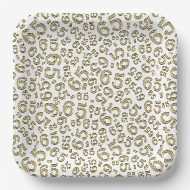  Gold/White 65th Random Number Pattern Paper Plate (Front)