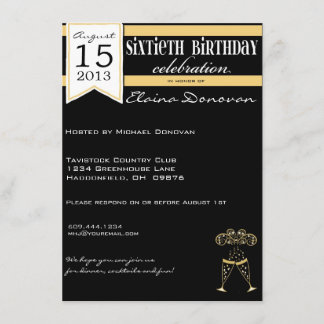 Gold, White and Black Champagne 60th Birthday Invitation