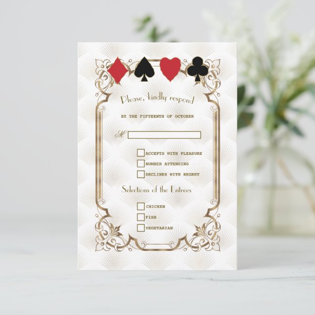 Gold White Art Deco Casino Vegas Poker Wedding  RSVP Card (Standing Front)