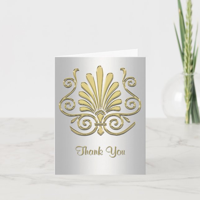 Gold White Art Deco Damask Thank You Card (Front)
