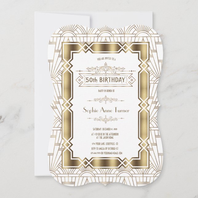 Gold White Art Deco Gatsby 20s 50th Birthday Party Invitation (Front)