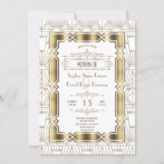 Gold White Art Deco Gatsby 20s Style Wedding Invitation