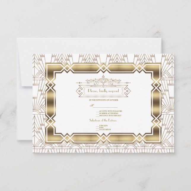 Gold White Art Deco Gatsby 20s Style Wedding RSVP (Front)