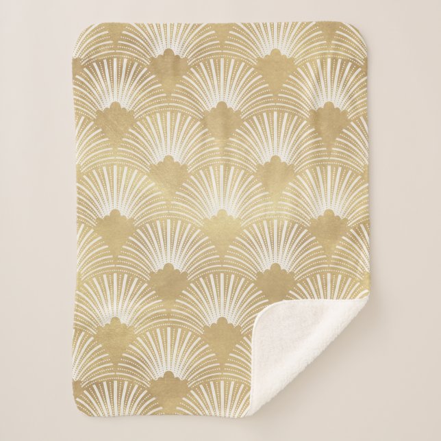 Gold & White Art-Deco Seamless Pattern Sherpa Blanket (Front)