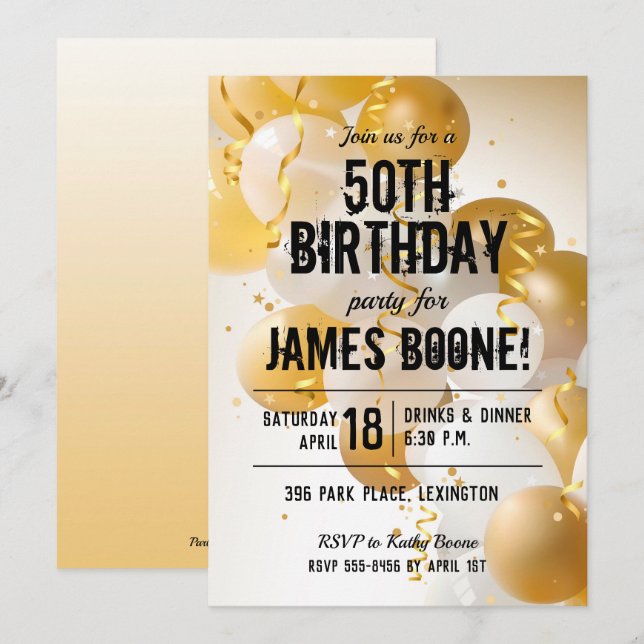 Gold White Balloons Birthday Party Invitations (Front/Back)