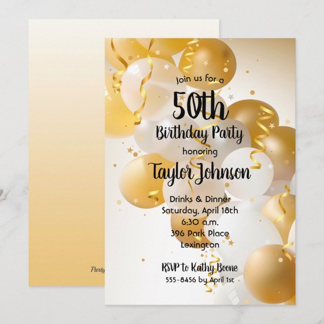 Gold White Balloons Birthday Party Invitations (Front/Back)