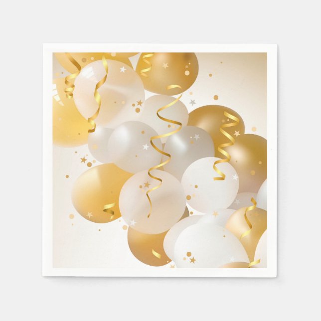 Gold & White Balloons Party Napkin (Front)