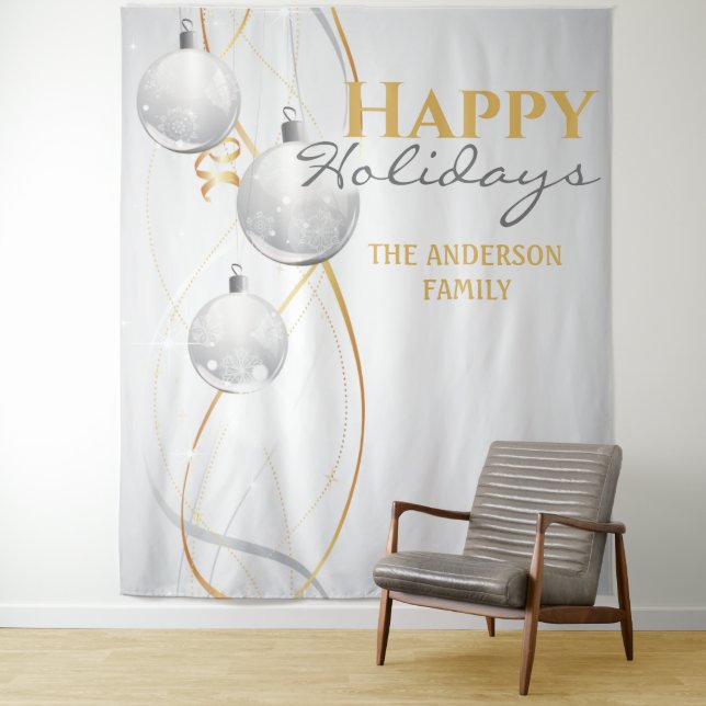 Gold white balls elegant ribbon Christmas greeting Tapestry (In Situ)
