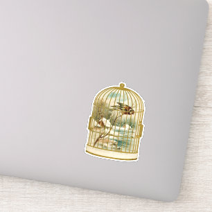 Gold White Birdcage With Bird on Branch Cabin Snow