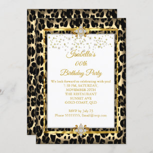 Gold White Black Animal Print Birthday Party Invitation