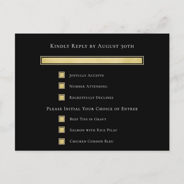 Gold White Black background Menu Choice RSVP Card  (Front)