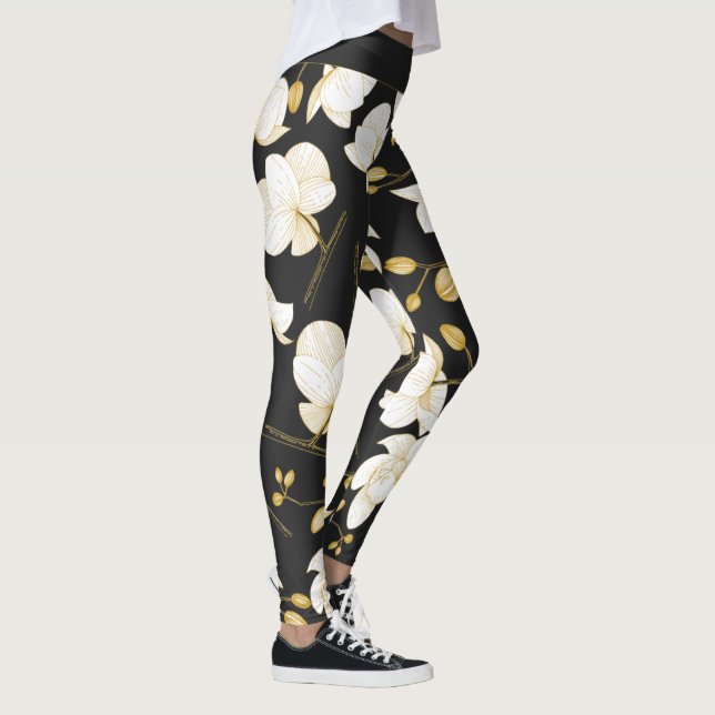 Gold, white & black elegant orchid floral modern leggings (Right)