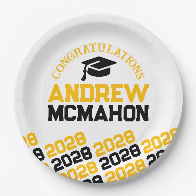 Gold White Black Half Repeat Grad Personalised Paper Plate (Front)