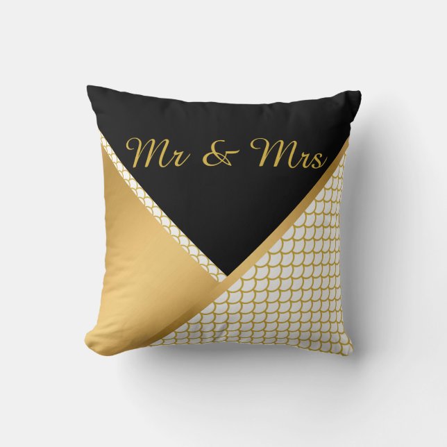 GOLD WHITE BLACK MERMAID DESIGN WEDDING PILLOW (Front)