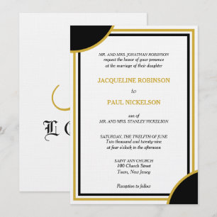 Gold White Black Monogram Geometric Wedding Invitation