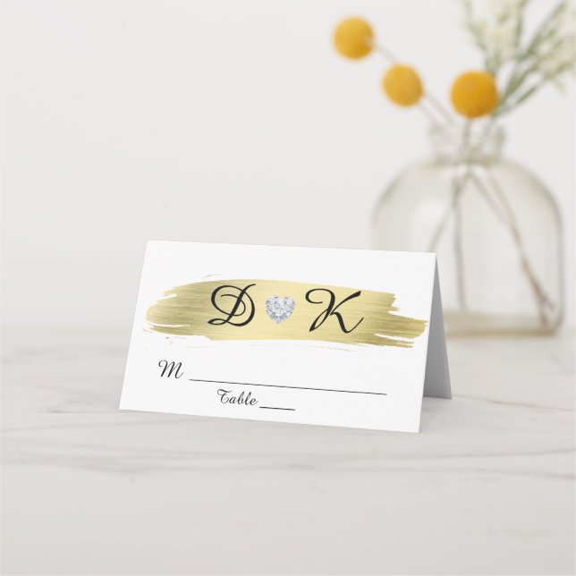 Gold White Black Monogram Heart Wedding Place Card (Front)