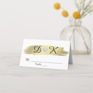 Gold White Black Monogram Heart Wedding Place Card