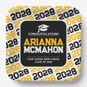 Gold, White & Black Personalised Graduation Pape Paper Plate