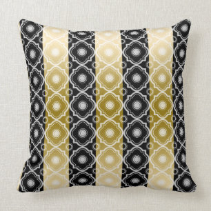Gold White & Black Stripes & Quatrefoil Geometric Cushion