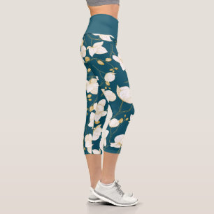 Gold, white & blue elegant orchid floral modern capri leggings