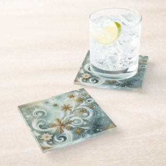 GOLD WHITE BLUE FANCY WINTER SNOWFLAKES GLASS COASTER
