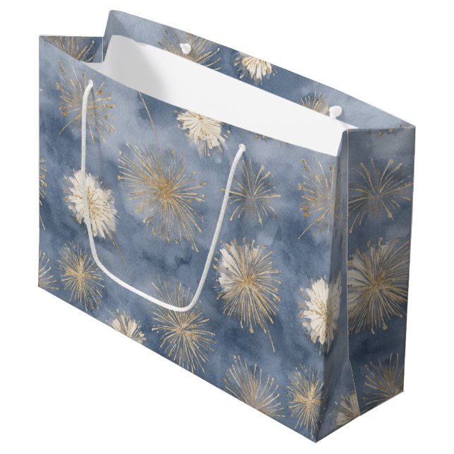 Gold White Blue Glitter Fireworks Large Gift Bag (Front Angled)