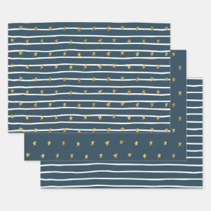 Gold White Blue Stars and Stripes Wrapping Paper Sheet