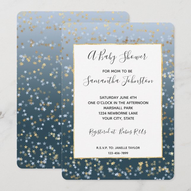 Gold White Blue Stars Shine Bright Baby Shower Invitation (Front/Back)