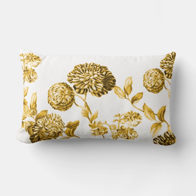 Gold & White Botanical Floral Toile Lumbar Cushion (Front)