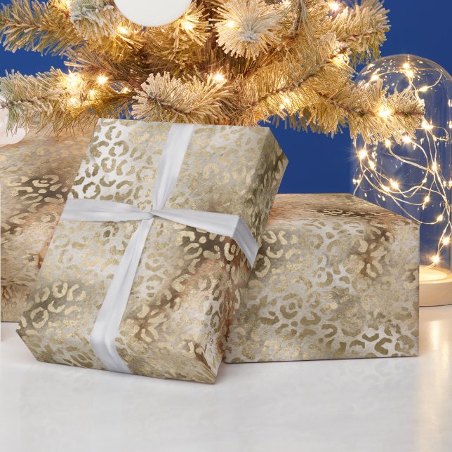 Gold White Brown Leopard Print Wrapping Paper (Holidays)