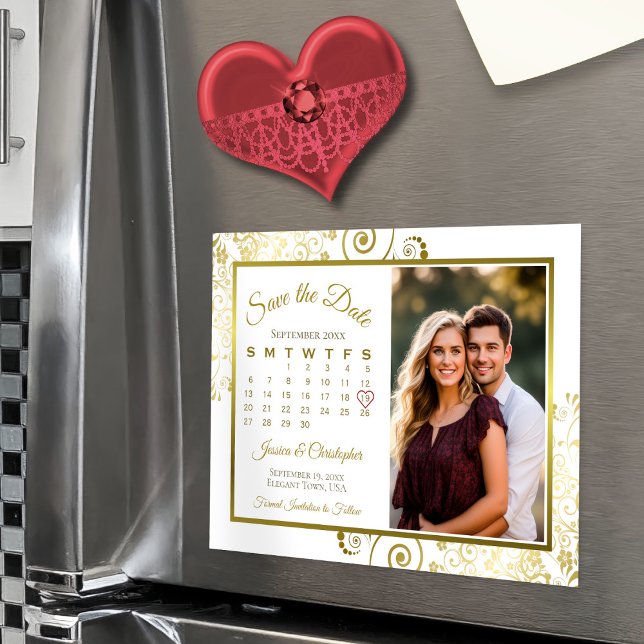 Gold & White Calendar & Photo Save the Date Magnet (Magnetic for Easy Display!)