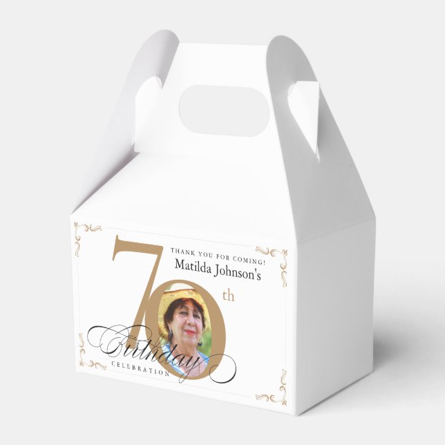  Gold White Calligraphy Custom Photo 70th Birthday Favour Box (Front Side)