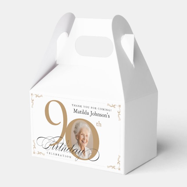 Gold White Calligraphy Photo Elegant 90th Birthday Favour Box (Front Side)