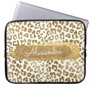 Gold & White Cheetah Print with Gold Glitter Laptop Sleeve